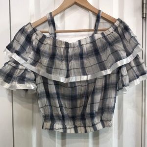 INA Off Shoulder Plaid Ruffle Crop Top- NWT- Small